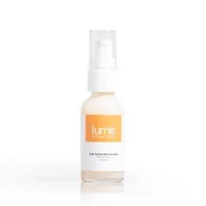 May include: A white bottle with a pump dispenser, labeled "lumis" in black text on an orange square. Below, the text reads "AHA Acid & Niacinamide". The bottle contains a light-colored liquid and sits on a white surface.