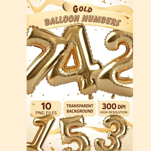 Op de afbeelding: Gouden folieballonnummers, waaronder 7, 4, 2, 7, 5 en 3, worden weergegeven tegen een lichte achtergrond. De tekst "GOLD BALLOON NUMBERS" staat boven de ballonnen. Extra tekst omvat "10 PNG FILES", "TRANSPARENT BACKGROUND" en "300 DPI HIGH RESOLUTION".