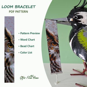 May include: A loom bracelet PDF pattern featuring a bead chart, word chart, and color list. The design displays a pixelated owl face in shades of brown, black, and white. A metal bird sculpture holds the finished beaded bracelet in its beak.