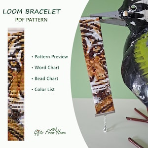 Op de afbeelding: Een PDF-patroon voor een geweven armband met een tijgergezichtontwerp in oranje, zwarte en witte kralen. De afbeelding toont een patroonvoorbeeld, woordgrafiek, kralengrafiek en kleurenlijst. Tekst bevat LOOM BRACELET PDF PATTERN en Gifts From Home.