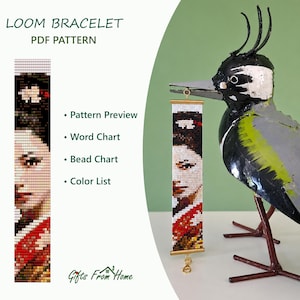 Op de afbeelding: Een weefarmband PDF-patroon met een kralenontwerp van een persoon met donker haar en rode accenten. De afbeelding bevat de tekst LOOM BRACELET PDF PATTERN, Pattern Preview, Word Chart, Bead Chart, Color List en Gifts From Home.