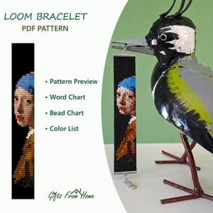 May include: A loom bracelet PDF pattern featuring a pixelated portrait of a person with a blue headscarf. The text reads LOOM BRACELET PDF PATTERN, Pattern Preview, Word Chart, Bead Chart, Color List, and Gifts From Home. A beaded bracelet is shown.