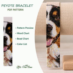Op de afbeelding: Een peyote armband PDF-patroon met een hondenportret in bruine, zwarte, witte en roze tinten. De afbeelding bevat de tekst PEYOTE BRACELET PDF PATTERN, Pattern Preview, Word Chart, Bead Chart, Color List en Gifts From Home.