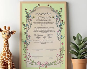 Floral Nikkah Nama Luxury Certificate| Nikah Contract A4 | hochzeitgeschenk, islamische hochzeit, personalisiert islam, Muslim Bride Groom.