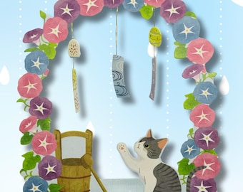 Summer Greeting Card (Morning Glory & Cat)