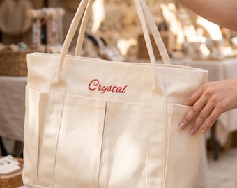 Personalized Canvas Tote Bag with Zipper, Custom Embroidered Text Tote, Bachelorette Party Bags, Beach Tote, Mothers Day Gift