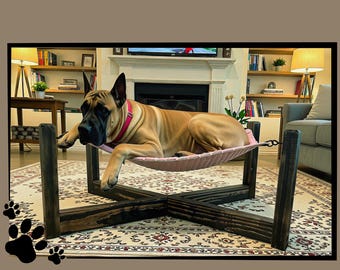 Handmade Orthopedic Elevated Dog Hammock, Extra Large Breeds, Minky Fleece, Pine Wood
