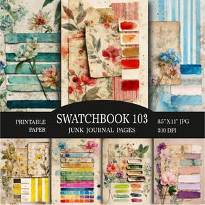 May include: A collection of printable paper pages for junk journals. The pages feature watercolor designs with floral and abstract elements in shades of blue, red, and yellow. The text "SWATCHBOOK 103" is displayed.