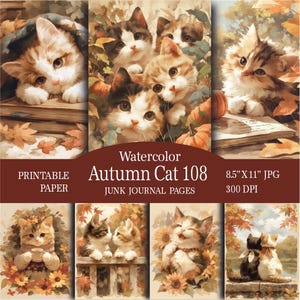 Puede incluir: Una colección de ilustraciones en acuarela con gatitos en entornos otoñales con calabazas y hojas. El texto dice Watercolor Autumn Cat 108, Printable Paper, Junk Journal Pages, 8.5" x 11" JPG, 300 DPI. Las imágenes muestran gatos con libros, girasoles y tazas.