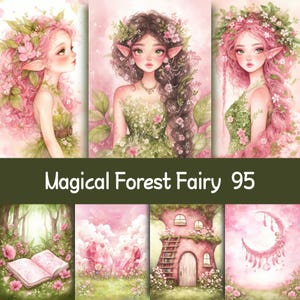 Può includere: Una collezione di illustrazioni ad acquerello con fate e scene di foresta. Le fate hanno lunghi capelli adornati di fiori e indossano abiti fatti di foglie. Il testo "Magical Forest Fairy 95" è visualizzato nella parte inferiore dell'immagine.