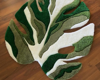 Tapete de folhas de Monstera tufado à mão, tapete decorativo botânico de lã, tapete orgânico para sala de estar.