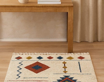 Handgeknoopt | Tribal geometrisch boho-tapijt | Crème vloerkleed in Marokkaanse stijl