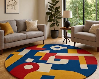 Modern Geometric Round Hand-Tufted Rug – Colorful Abstract Design Carpet for Living Room