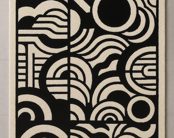 Hand-Tufted Wool Rug – Black & Cream Geometric Abstract Carpet