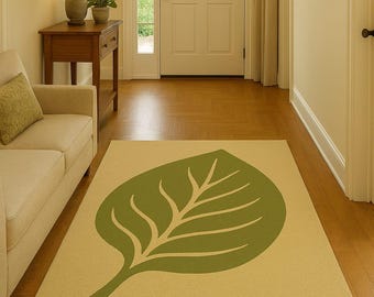 Alfombra de hojas tejida a mano: alfombra de lana botánica verde, moderna, inspirada en la naturaleza.