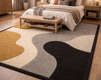 Modern abstract handgetuft vloerkleed – beige, grijs, mosterd en zwart | Wollen tapijt voor woonkamer