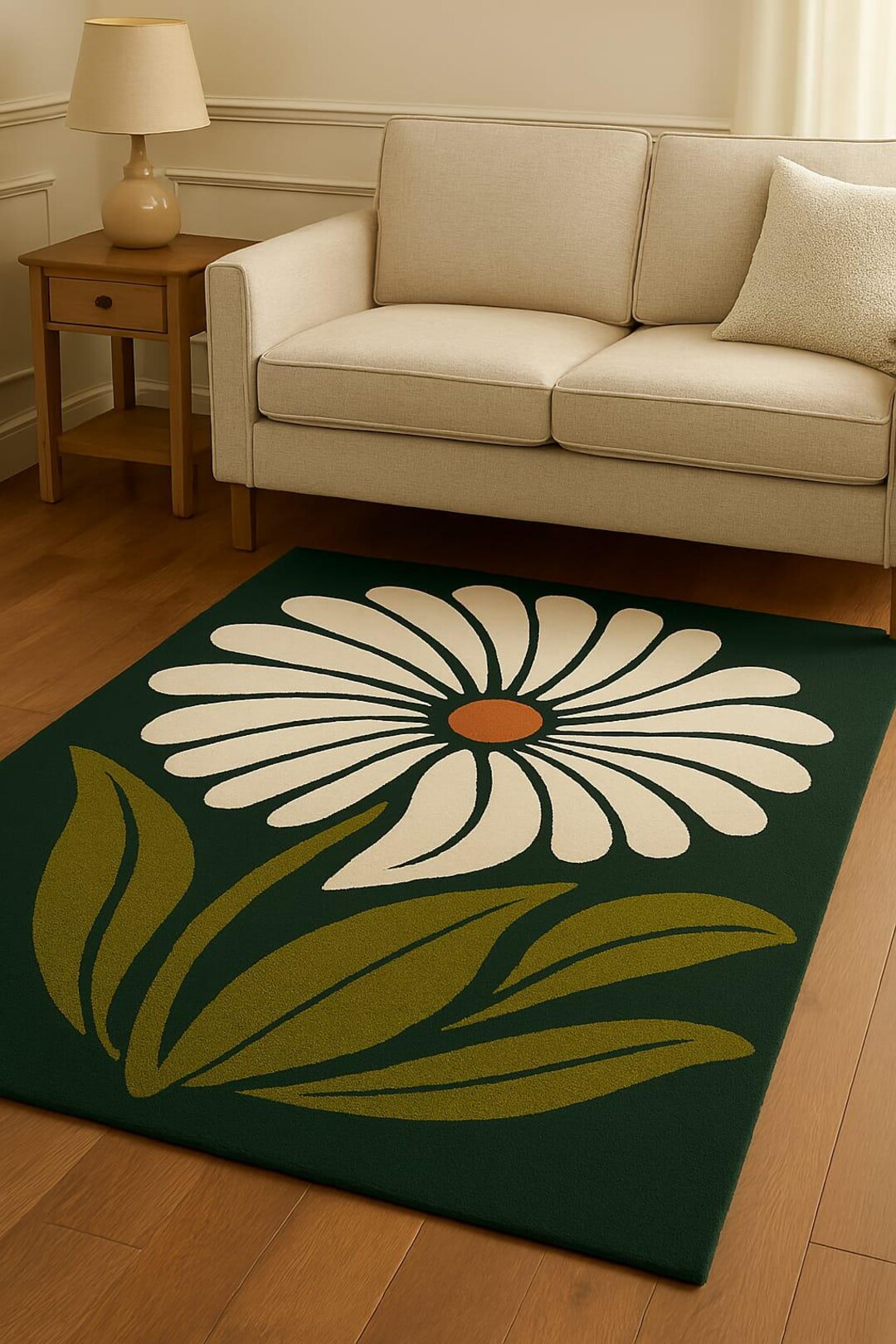 Hand Tufted Daisy Flower Rug – Green Floral Wool Area Rug, Modern ...