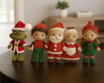 Paquete de patrones navideños de crochet 5 en 1: Grinch, Papá Noel, Elfos y alegría navideña (archivo PDF)