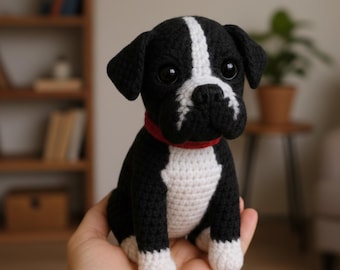 Patrón de crochet para perro bóxer: peluche amigurumi de cachorro, perro blanco y negro, tutorial para regalo hecho a mano (archivo PDF)