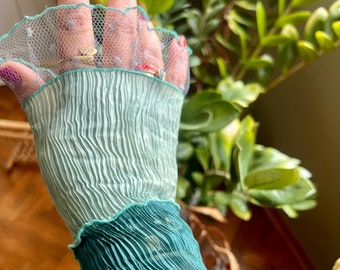 Embroidered Fingerless Gloves, Silk and Lace Sleeves, Textile Art