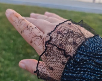 Glittery Black Fingerless Gloves, Embroidered Lace Arm Sleeves