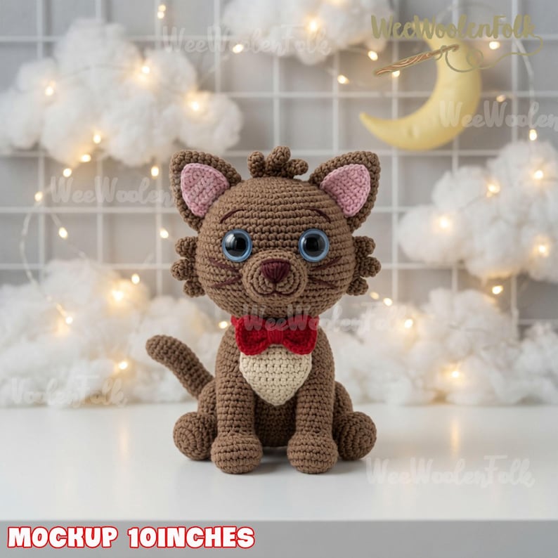 May include: A brown crocheted cat toy with large blue eyes, pink inner ears, a cream-colored chest patch, and a red bow tie. The cat is sitting upright and measures 10 inches in height as indicated by the text at the bottom of the image.