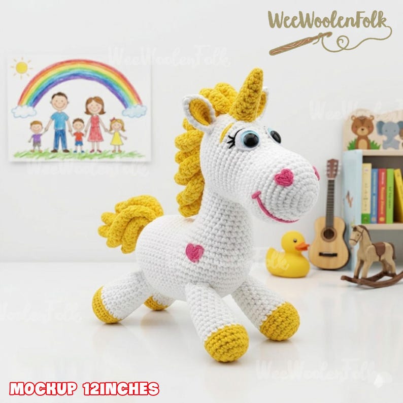 May include: A handmade white crochet unicorn with yellow mane, tail, and hooves. The unicorn has a pink heart on its side and a smiling face. The text "MOCKUP 12 INCHES" is at the bottom. The unicorn is approximately 12 inches tall.