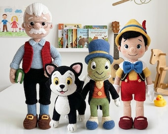 Custom Pinocchio Crochet Doll, Jiminy Cricket Plush Doll, Handmade Wooden Puppet Boy, Figaro Cat Doll, Pinocchio Plush Toy For Kid