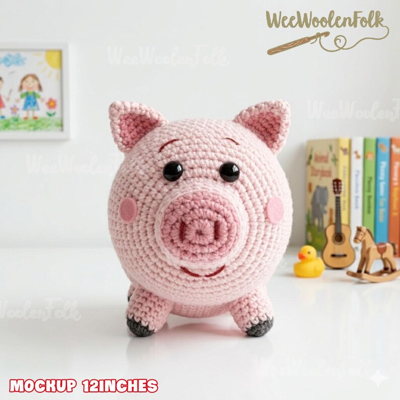 May include: A handmade, light pink crochet pig with black button eyes, a detailed snout, and small ears. The pig has a round body and is approximately 12 inches in size. The pig is sitting on a white surface.