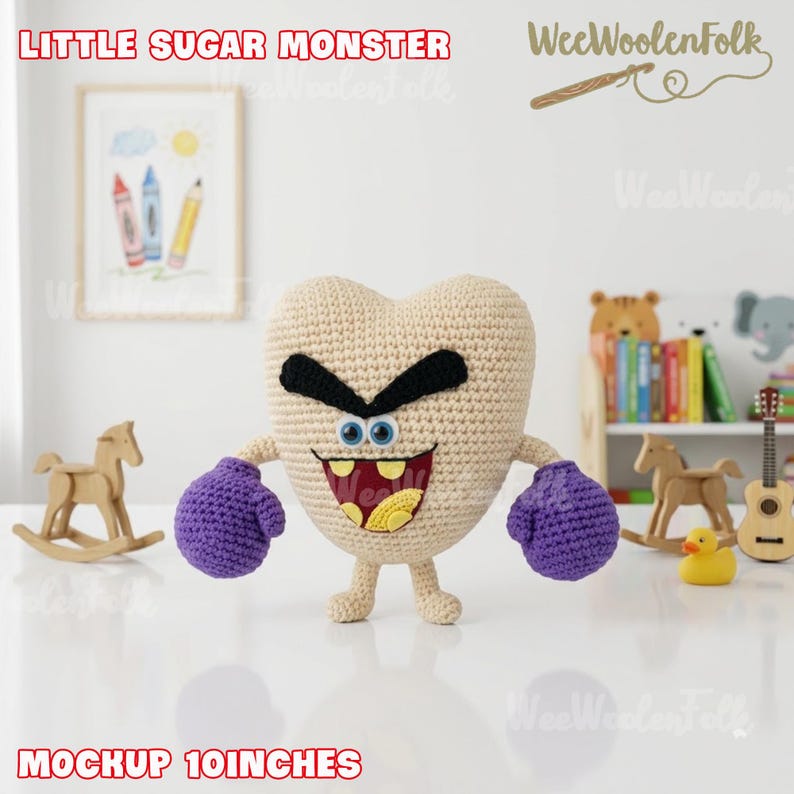 Puede incluir: Un juguete de monstruo en forma de coraz&oacute;n tejido a ganchillo con cuerpo beige, cejas negras y ojos azules. Tiene guantes de boxeo morados y una amplia sonrisa. El texto "LITTLE SUGAR MONSTER" y "MOCKUP 25 cm" son visibles.