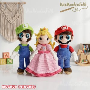 May include: Three crocheted dolls: Mario, Luigi, and Princess Peach. Mario wears a red hat and overalls, Luigi a green hat and overalls, and Princess Peach a pink dress. Each doll is approximately 14 inches tall.