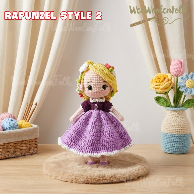 May include: A handmade crochet doll in the style of Rapunzel, with blonde yarn hair and a purple dress. The doll has a white collar and is standing on a small, round, brown rug. The text "RAPUNZEL STYLE 2" is visible in the image.