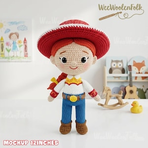 May include: A 12-inch crochet doll of a character with red hair in a braid, wearing a red hat, white shirt with a yellow yoke, blue jeans, and brown boots. The doll has a smiling face and is standing on a white surface. The text "MOCKUP 12INCHES" is at the bottom.