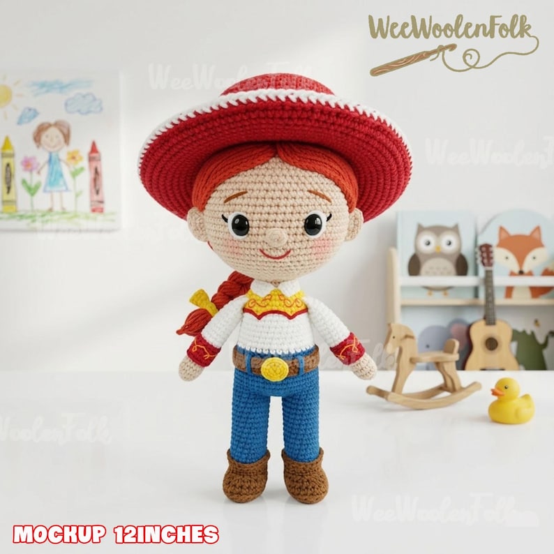 May include: A 12-inch crochet doll of a character with red hair in a braid, wearing a red hat, white shirt with a yellow yoke, blue jeans, and brown boots. The doll has a smiling face and is standing on a white surface. The text "MOCKUP 12INCHES" is at the bottom.