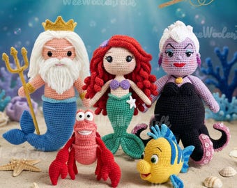 Handmade The Little Mermaid Crochet Doll, Princess Ariel Amigurumi Doll, Ursula Crochet Doll, King Triton Plush Doll, Flounder Plush Toy
