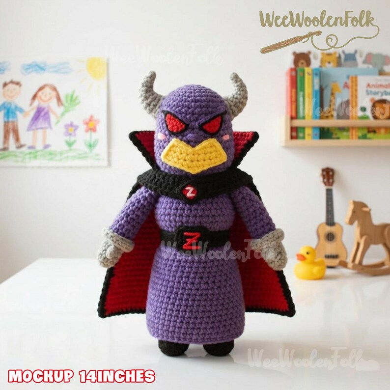 May include: A handmade crochet doll of the character Zurg from Toy Story, standing approximately 14 inches tall. The doll features a purple body, black cape with red trim, and a yellow beak. The doll has gray horns and gloves.
