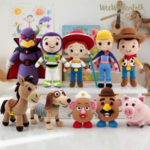 May include: A collection of handmade crochet dolls and figures, including characters from the Toy Story franchise. The dolls feature vibrant colors and detailed designs, showcasing characters like Buzz Lightyear, Woody, and others. The background includes a shelf and children's artwork.