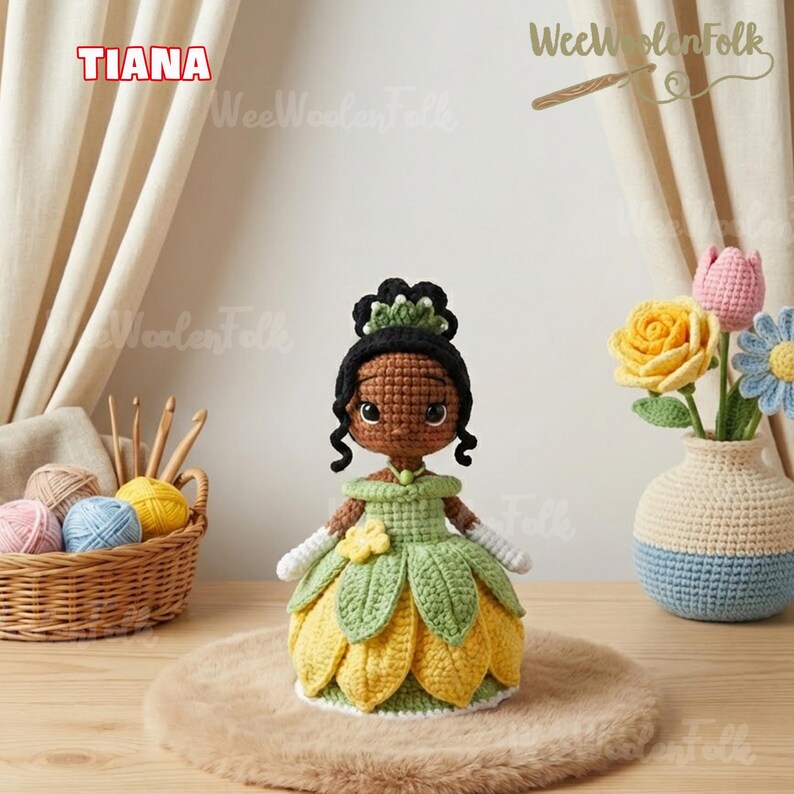 May include: Crocheted doll of Princess Tiana in a green and yellow dress, with a black bun and a green crown. The doll is on a brown surface, with a basket of yarn and a vase of crocheted flowers in the background. The word "TIANA" is in the top left corner.