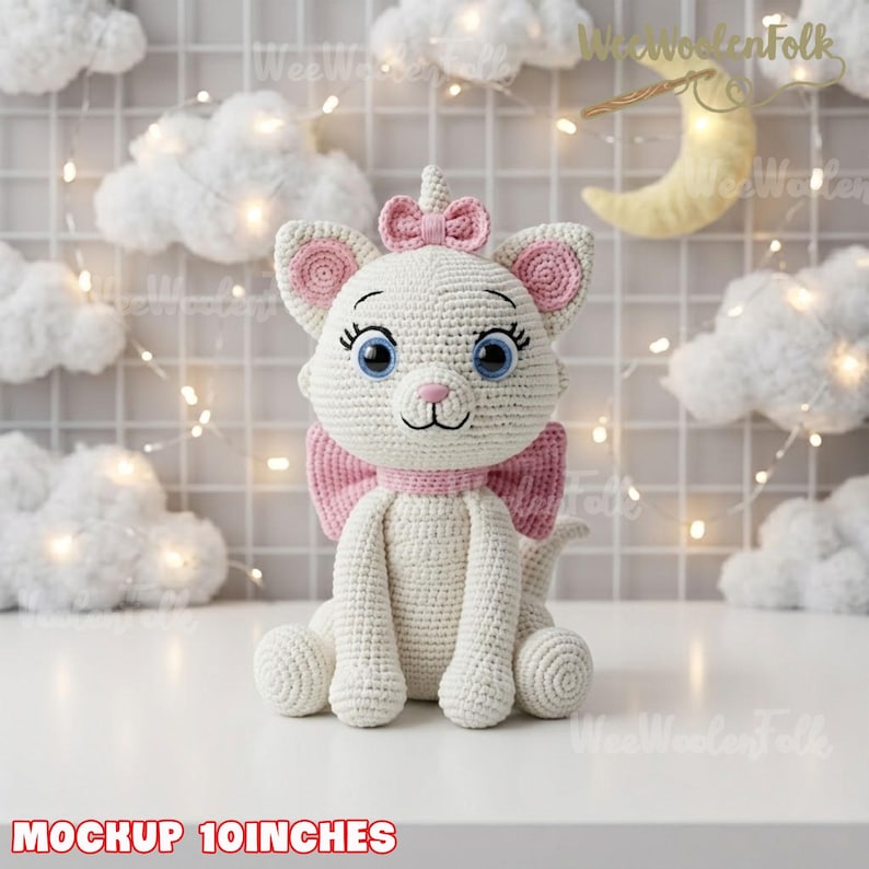 May include: A white crocheted cat plush toy with large blue eyes, long eyelashes, and a pink nose. The cat features a pink bow on its head and a larger pink bow around its neck. The text at the bottom reads MOCKUP 10INCHES.