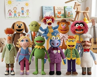 Handmade Muppets Crochet Dolls, The Muppets Plush Doll, Crochet Kermit the Frog, Fozzie Bear Plush, Miss Piggy Doll, Muppets Plush Toys