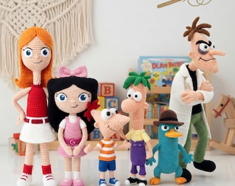Crochet Phineas and Ferb Doll, Handmade Candace Crochet Doll, Perry the Platypus Stuffed Doll, Dr. Heinz Crochet Doll, Disney Kid Plush Toys