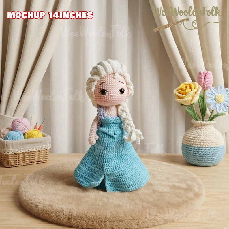 May include: A handmade crochet doll, approximately 14 inches tall, dressed in a light blue dress with a long white braid. The doll is displayed on a faux fur rug. The text "MOCKUP 14 INCHES" is visible in the image.