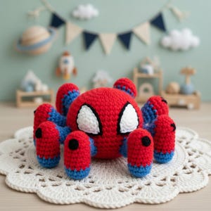 May include: A handmade, crocheted Spider-Man toy in red, blue, and white. The plush toy features the character's iconic mask with white eye shapes and eight legs. It is placed on a white, crocheted doily.