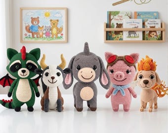 Animal Campers Plush, Crochet Darly Pig, Fifi Dog Plush, Loomis Plush Doll, Dracoon Doll, Kid Movie Inspired Doll, Custom Stuffed Animal