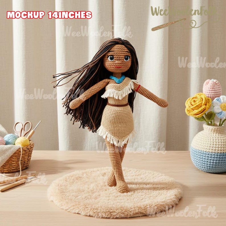 May include: A handmade crochet doll, approximately 14 inches tall, with long brown hair and a tan dress with fringe. The doll has a turquoise necklace and is standing on a fluffy, tan rug. The text "MOCKUP 14 INCHES" is visible.