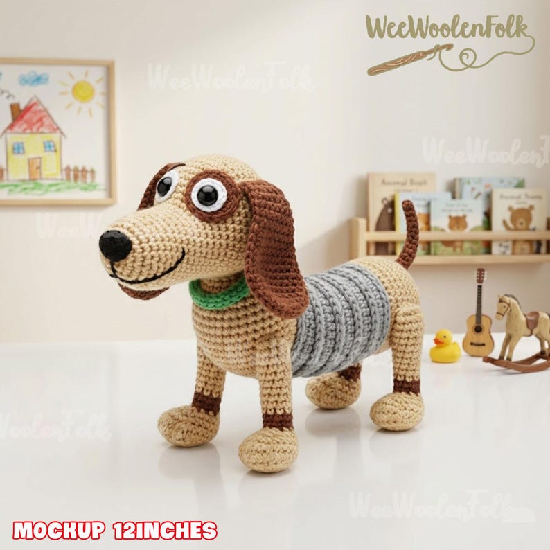 May include: A crocheted dog toy, approximately 12 inches long, in tan, brown, and gray. The dog has large, round eyes, floppy ears, and a green collar. The text "Mockup 12 inches" is at the bottom.