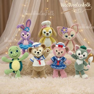 May include: A collection of handmade crochet dolls in various animal designs, including a turtle, bear, bunny, dog, cat, and two bears. Each doll features unique outfits and accessories, with the text "WeeWoolenFolk" in the upper right corner.