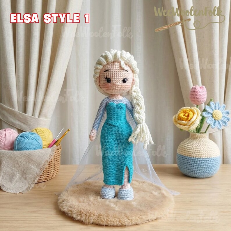 May include: A handmade crochet doll in the style of Elsa, with a long white braid and a turquoise dress. The doll is standing on a small, round, brown rug. The text "ELSA STYLE 1" is in the upper left corner.