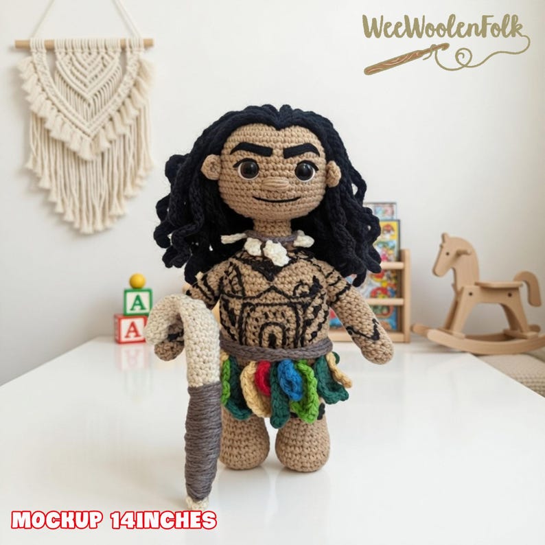 May include: A handmade crochet doll of a character with dark curly hair, a patterned top, and a colorful skirt. The doll is holding a staff and is approximately 14 inches tall.