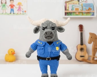 Handmade Chief Bogo Plush, Bogo Police Doll, Custom Gary De'snake Doll, Zootopia Inspired Plush, Crochet Chief Bogo Toys